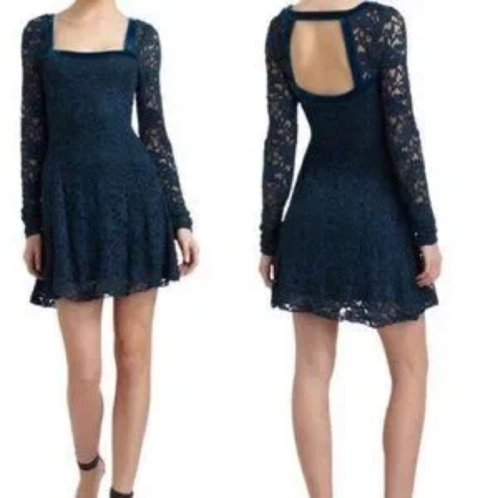 NWT FREE PEOPLE Elegant teal Navy Lace stretch Dress small s